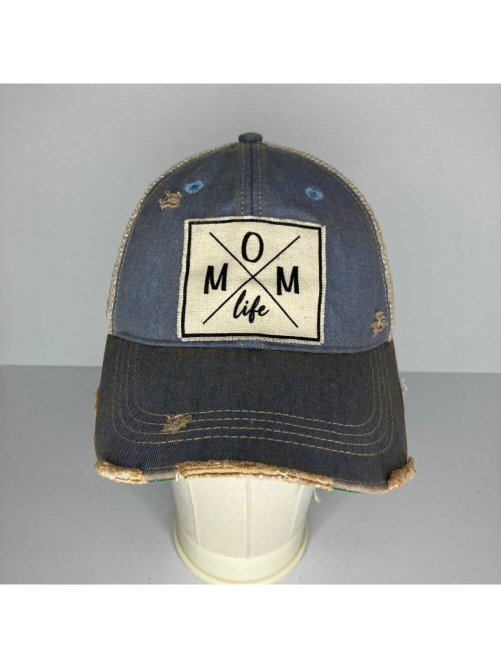 Mom Life Women's Blue Tan Distressed Style Mesh Hat